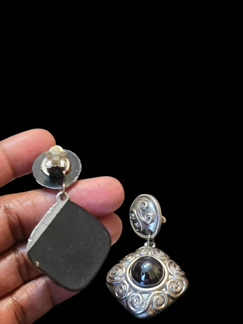 Vintage Silver Ornate Scroll Dangle Drop Earrings Black Cabochon Statement